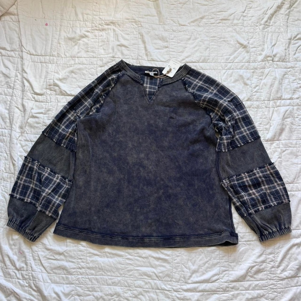 Sage + Fig soft slouchy plaid patchwork top womens M waffle knit boho feminine